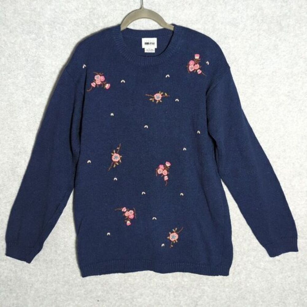 Leslie Fay Floral Embroidered Womens Sweater L Navy Granny‎ Vtg Retro Ramie 80s